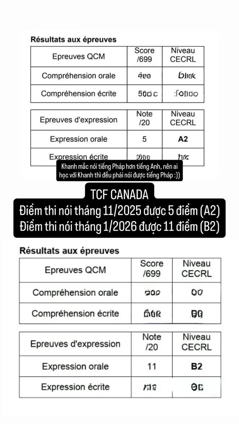 Hai bảng điểm Expression orale của cùng một học viên, từ 5 điểm A2 lên 11 điểm B2