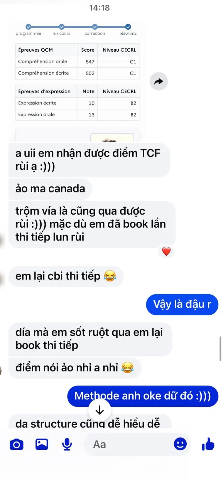 Tin nhắn học viên gửi kết quả TCF Canada với Compréhension orale 547 và écrite 502