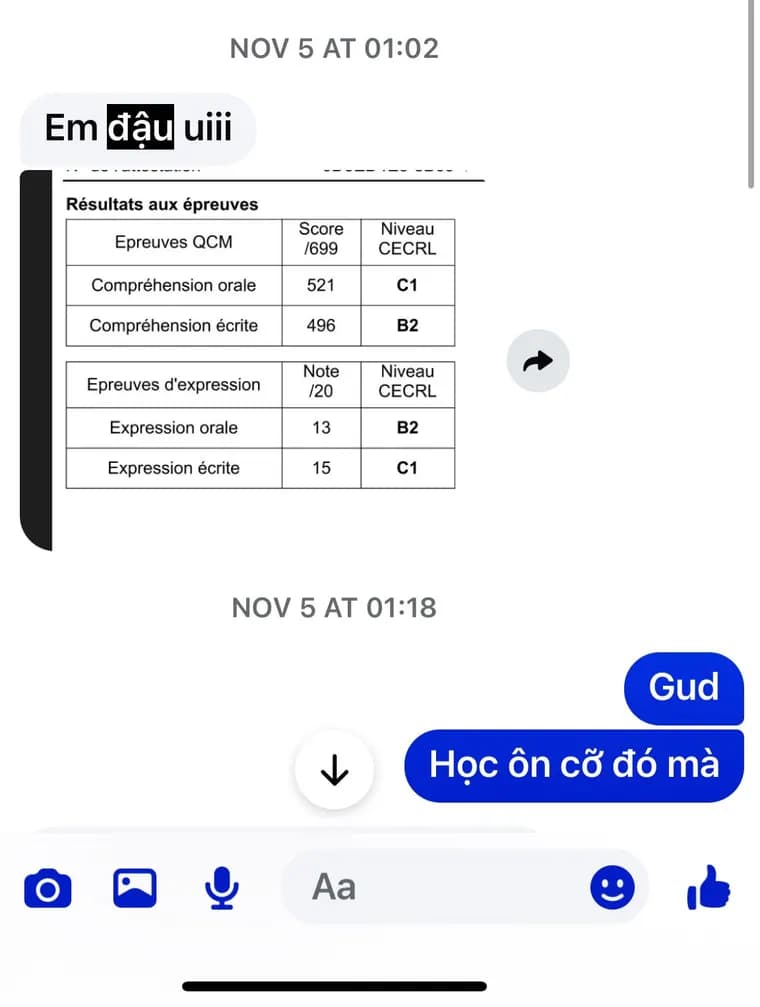 Tin nhắn học viên báo đậu kèm bảng điểm TCF Canada có hai kỹ năng C1