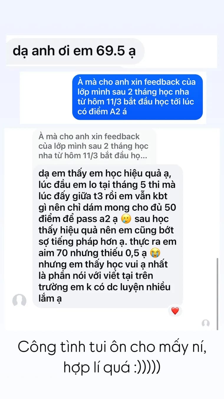 Tin nhắn học viên báo 69,5 điểm và phản hồi sau hai tháng học