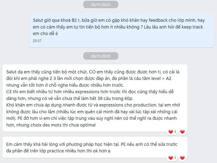 Tin nhắn học viên nhận xét tiến bộ Nghe, Đọc, Viết sau khóa B2