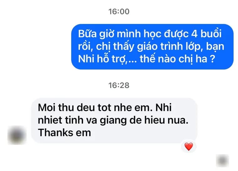 Tin nhắn học viên nhận xét người đồng hành sau bốn buổi học