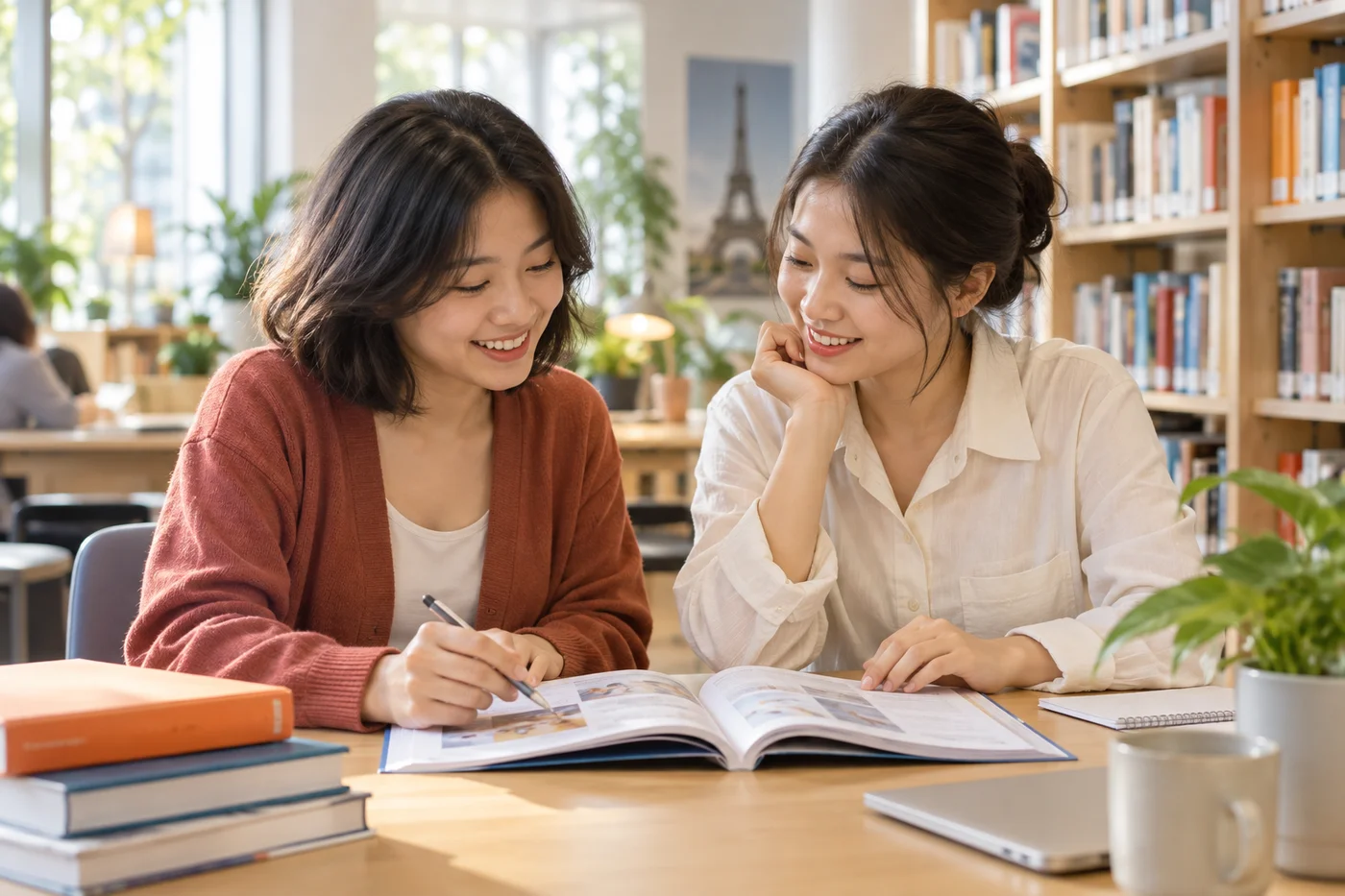 Minh họa hai học viên cùng học và trao đổi tiếng Pháp