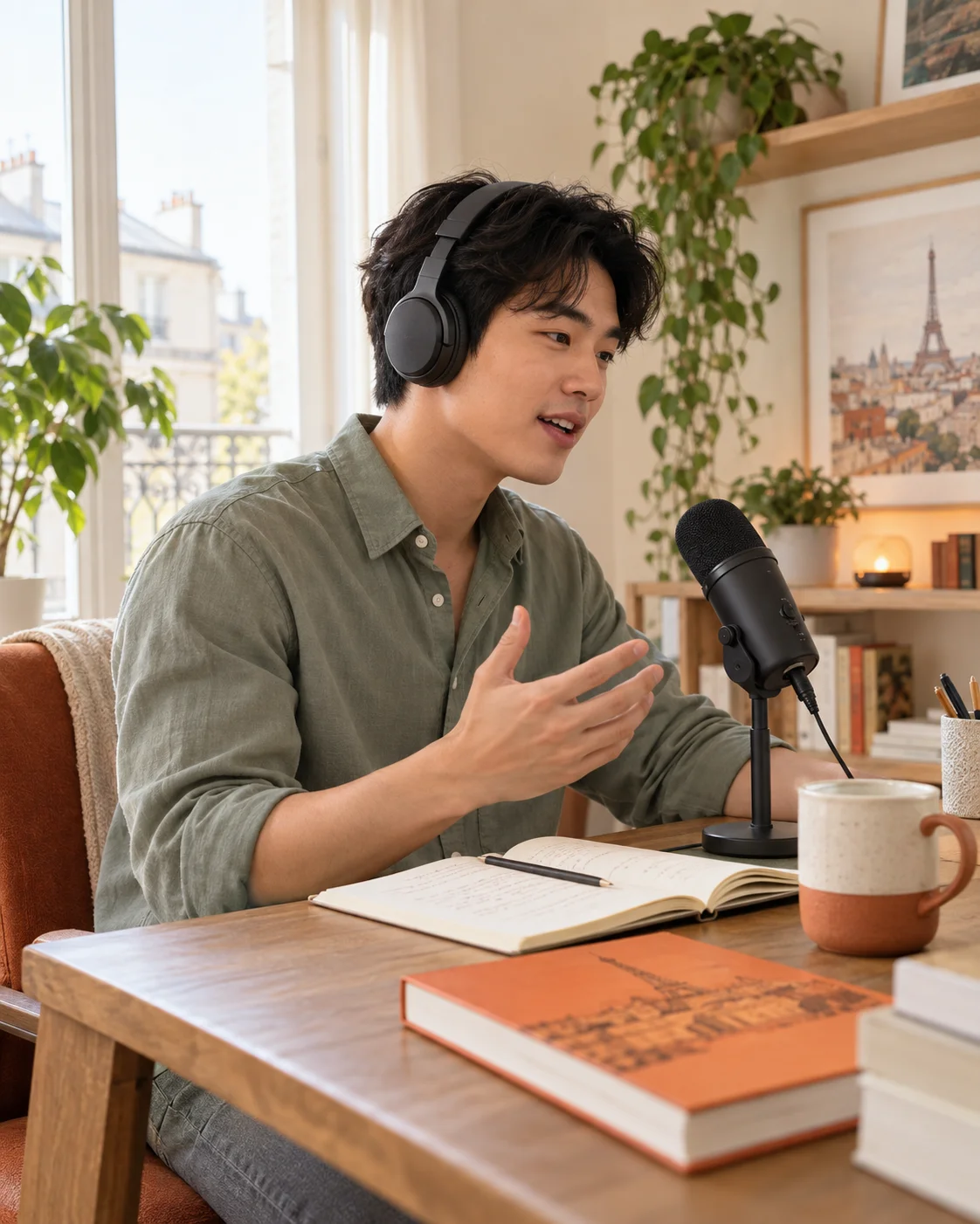 Minh họa học viên luyện nói tiếng Pháp với micro và sổ ghi chép